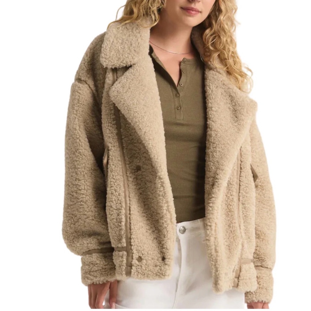 Z Supply $179 Ari Short-Haired Sherpa Fossil Oversized Plush Teddy Jacket S EUC